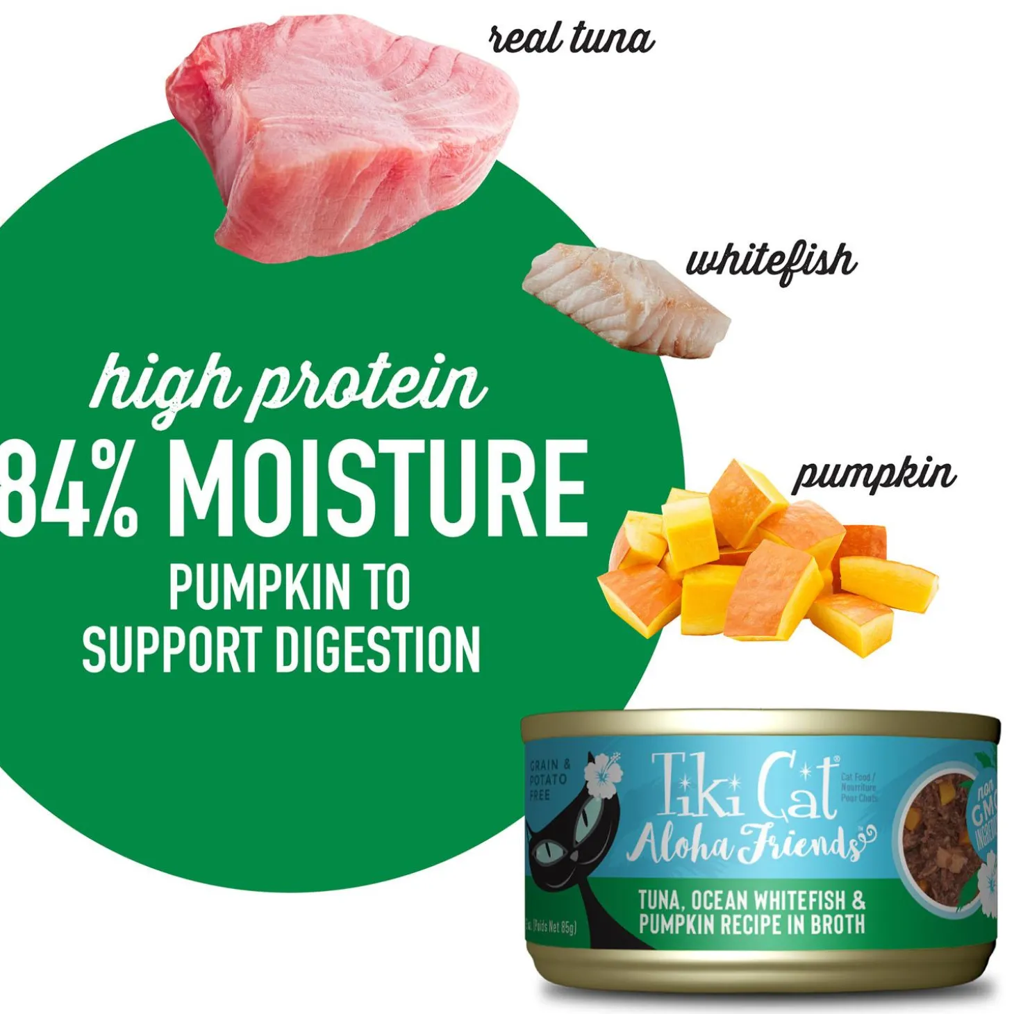 Aloha Friends Tuna, Ocean Whitefish & Pumpkin Recipe in Broth Cat Food